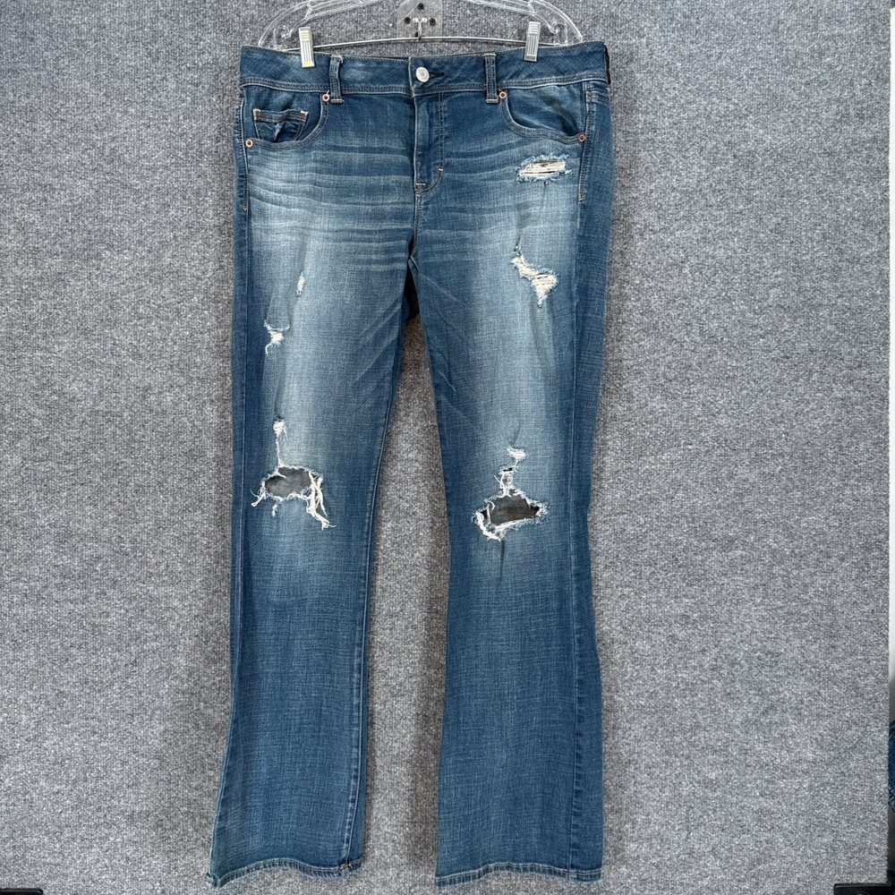 American Eagle Kick Boot Jeans Womens 16 Long Blue Distressed Stretch Plus Size